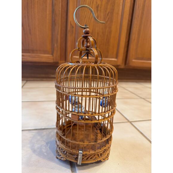 Vintage Carved Chinese Bamboo Bird Cages with White Blue Ceramic Feeding Dishes - Picture 1 of 10